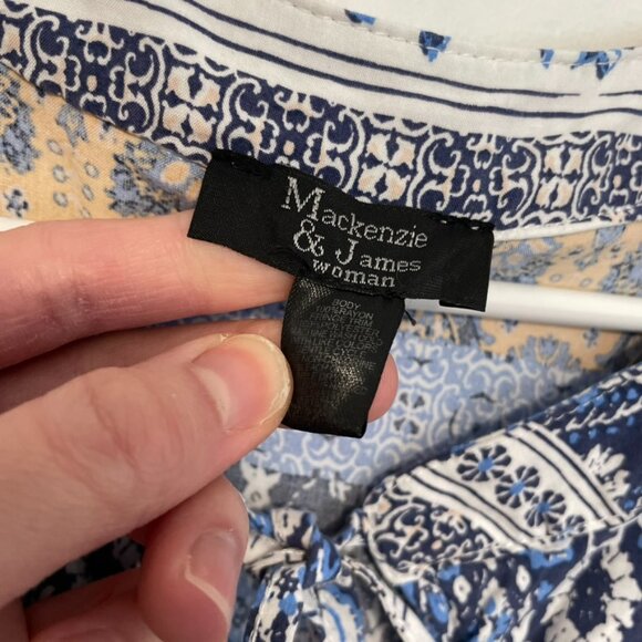 MACKENZIE JAMES Plus Size Blue White Floral Striped Boho Tie Neck Peasant Blouse - Picture 5 of 13